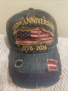 Distressed Denim 250th Anniversary Baseball Cap with American Flag
